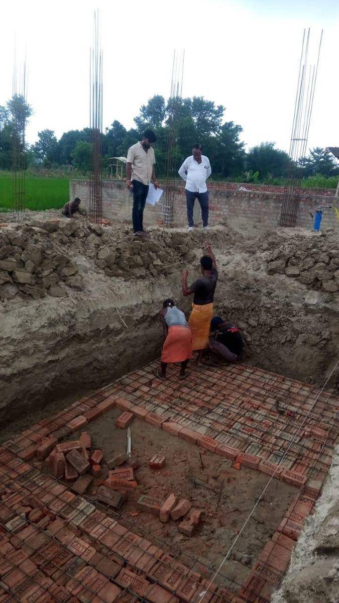 Brick soling in a foundation excavation