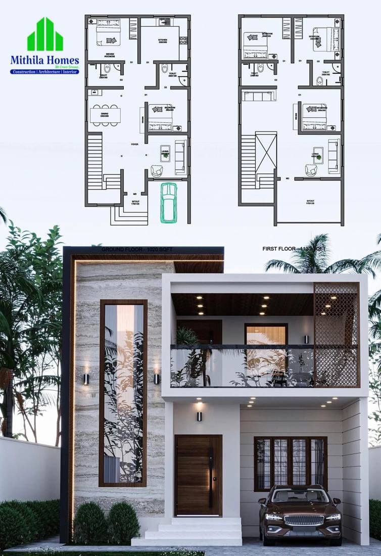 Duplex home with floor plans and front elevation
